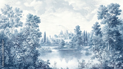 Scenic classic toile wallpaper design featuring idyllic landscape traditional aesthetic tranquil atmosphere serene viewpoint