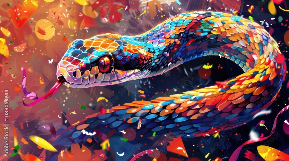 Fototapeta premium A vibrant, colorful snake with scales and a forked tongue, surrounded by confetti-like shapes in a digital art style.