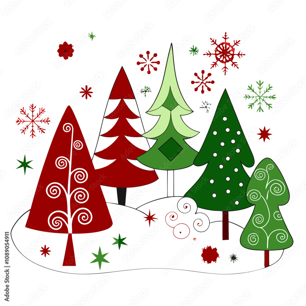 Five stylized Christmas trees in red and green with swirling decorative patterns on snowy white background. Festive mid-century modern design includes playful snowflakes and stars. Five stylized Christmas trees in red and green with swirling decorative patterns on snowy white background. Festive mid-century modern design includes playful snowflakes and stars.