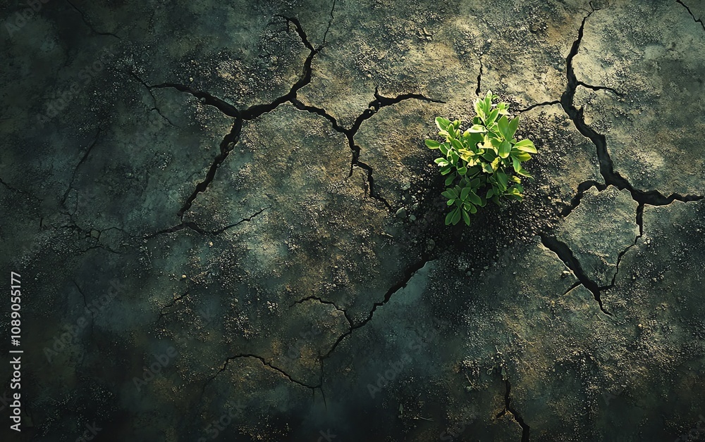 Obraz premium Brown cracked earth with small green bush growing in cracks, symbol of hope and resilience against climate change, environmental impact and survival
