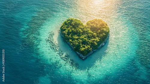 Heart Shaped Island Floating in Serene Turquoise Ocean Symbol of Isolated Love and Peace