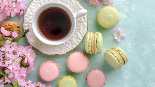 Dainty macaroons with tea in a springtime setting with flowers