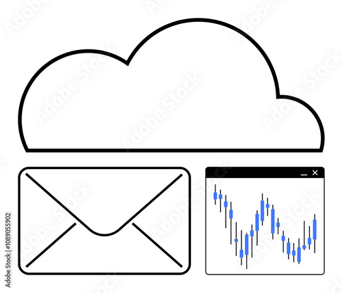 Cloud icon above an envelope and a financial stock chart. Ideal for cloud computing, email services, financial analytics, data storage, digital communication, technology, business strategies. Line