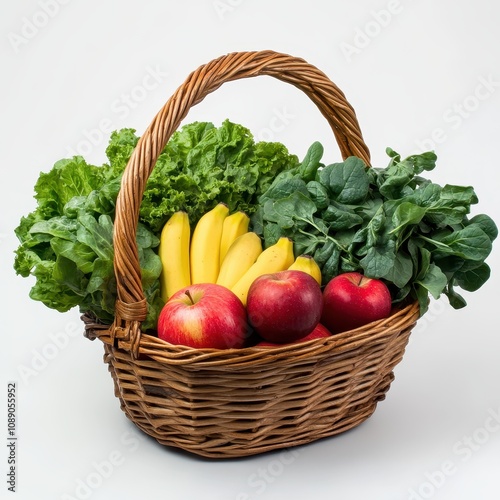 A wicker basket filled with fresh fruits and vegetables, showcasing healthy food options.
