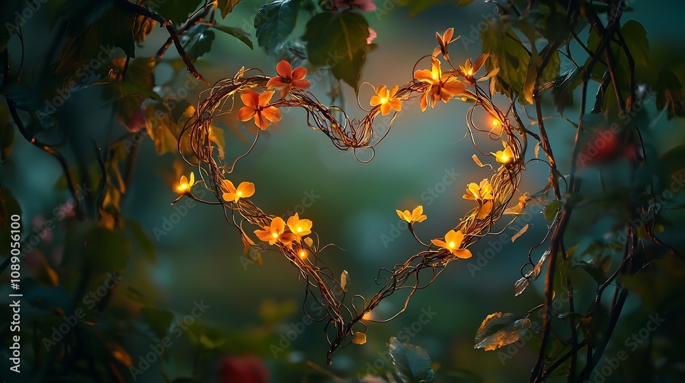 Glowing Vines and Flowers Forming a Heart Shaped Symbol of Flourishing Love Glowing Vines and Flowers Forming a Heart Shaped Symbol of Flourishing Love
