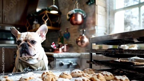 Curious French Bulldog in Cozy Kitchen Surrounded by Festive Decorations and Freshly Baked Cookies, Creating Warm Atmosphere for Pets and Animal Lovers at Home.