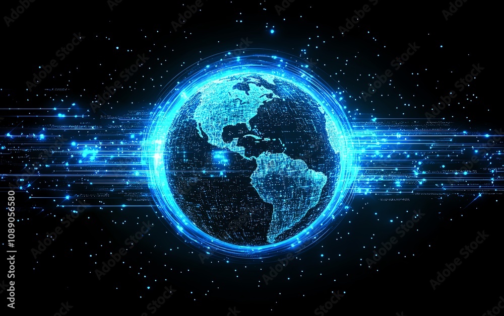 Digital Earth on technology background, blue glowing lights and network, global connectivity concept, futuristic planet and tech landscape Digital Earth on technology background, blue glowing lights and network, global connectivity concept, futuristic planet and tech landscape
