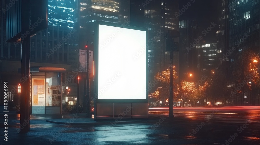A large white billboard sits in the middle of a city street A large white billboard sits in the middle of a city street