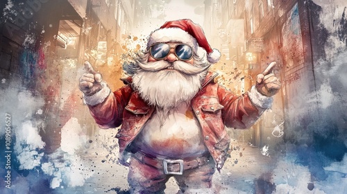 Edgy Santa: A Stylish Santa in a Red Leather Jacket and Aviator Sunglasses Striking a Bold Pose in a Neon Alley – Perfect Poster for Urban Sports Interiors!