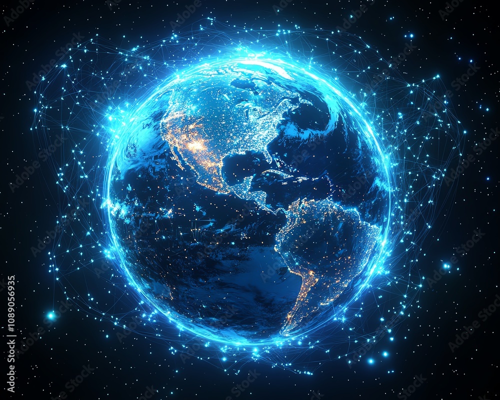Digital Earth planet with network connections, blue glowing light effect, global connectivity, hightech background, technological world view Digital Earth planet with network connections, blue glowing light effect, global connectivity, hightech background, technological world view