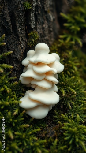 Creamy white mushrooms cluster on moss near a tree trunk during a late autumn afternoon photo