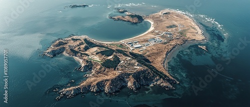 An expansive satellite map of a small South Korean island in the West Sea, showing a main island with two tiny satellite islets nearby. ,generative ai photo