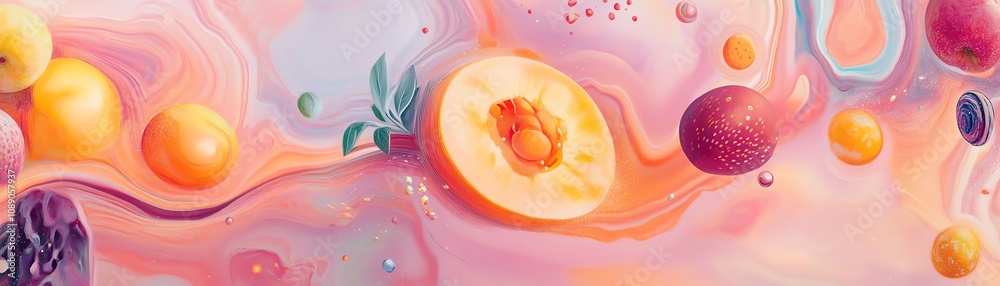 Vibrant painting of assorted fruits in a cosmic, surreal style.  Perfect for concepts of abundance, health, and imagination.