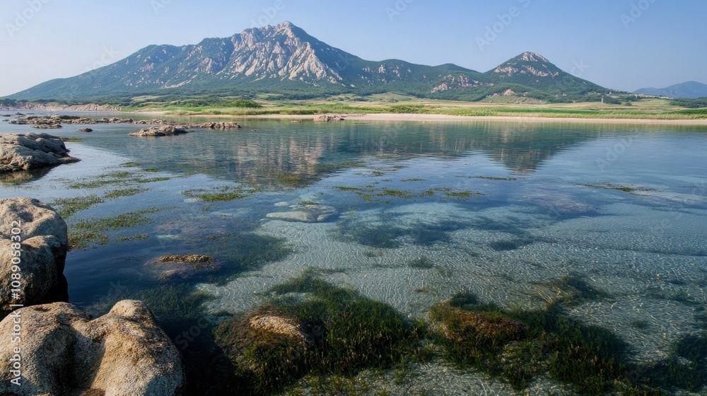 Serene Coastal Landscape with Clear Waters and Rocky Shoreline Surrounded by Majestic Mountains Under a Bright Blue Sky Serene Coastal Landscape with Clear Waters and Rocky Shoreline Surrounded by Majestic Mountains Under a Bright Blue Sky