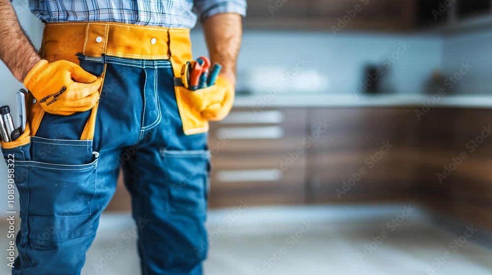 Skilled Worker with Tools in Modern Kitchen Setting Skilled Worker with Tools in Modern Kitchen Setting