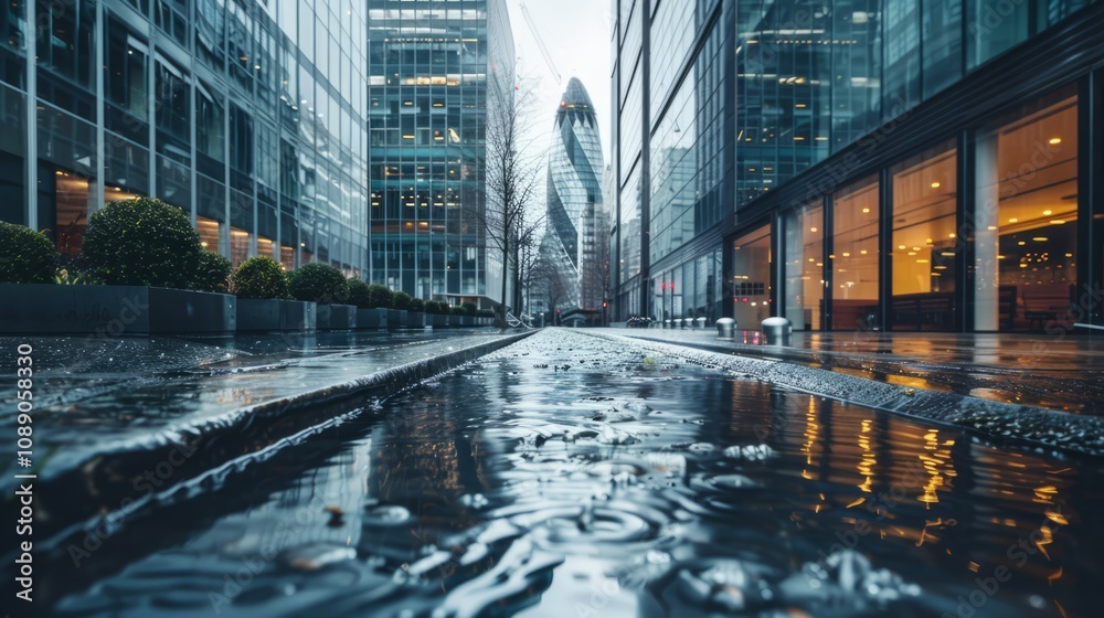 Flood waters surge through a city street, creating a dramatic scene of urban flooding amidst towering skyscrapers Flood waters surge through a city street, creating a dramatic scene of urban flooding amidst towering skyscrapers