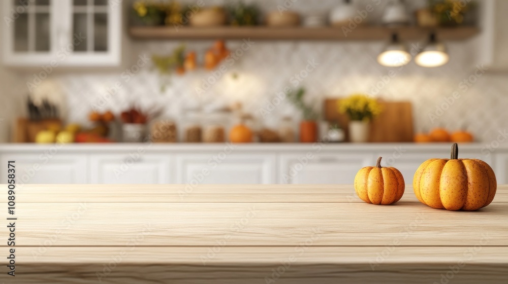Fototapeta premium Two pumpkins on a wooden table. The table is in a kitchen. There are many other items in the kitchen, including a bowl, a knife, and a bottle