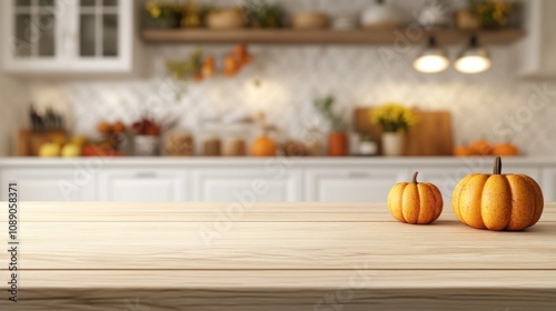 Wallpaper Mural Two pumpkins on a wooden table. The table is in a kitchen. There are many other items in the kitchen, including a bowl, a knife, and a bottle Torontodigital.ca