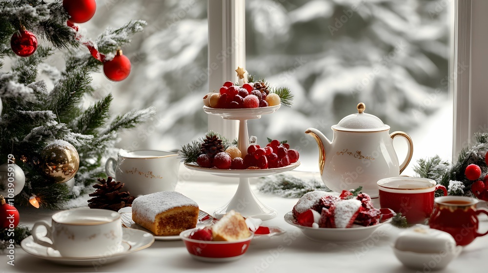Fototapeta premium A table with a teapot, cups, and plates of food