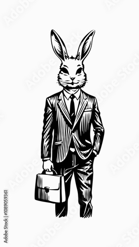 Anthropomorphic rabbit in suit carries briefcase with serious expression. Vintage-style woodblock illustration shows professional bunny in business attire. Concept: corporate fable, financial services