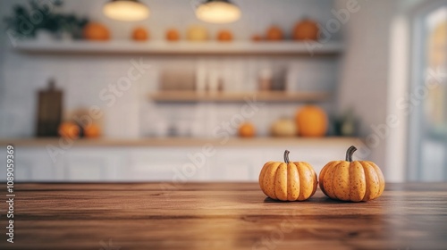 Two pumpkins on a wooden table. One is on the left and the other is on the right