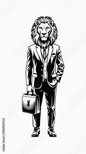 Powerful lion in business suit carries briefcase with dignified posture. Vintage woodcut-style illustration shows majestic feline professional exuding leadership against white background.