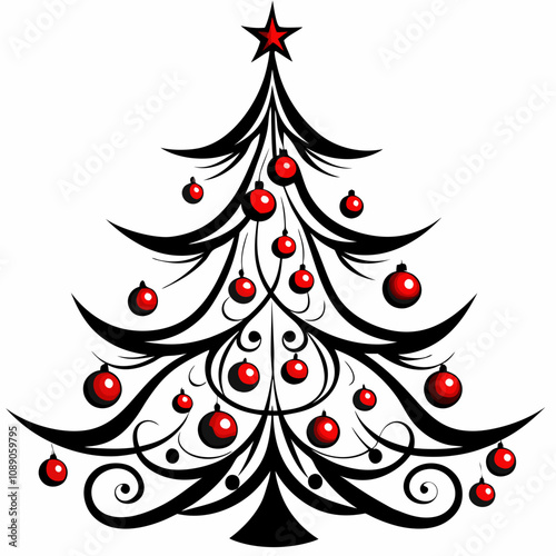 Vector Christmas tree with red balls, spiral decoration and star topper, white festive background. Concept: holiday card, seasonal branding, New Year flyer, Christmas, New Year.
