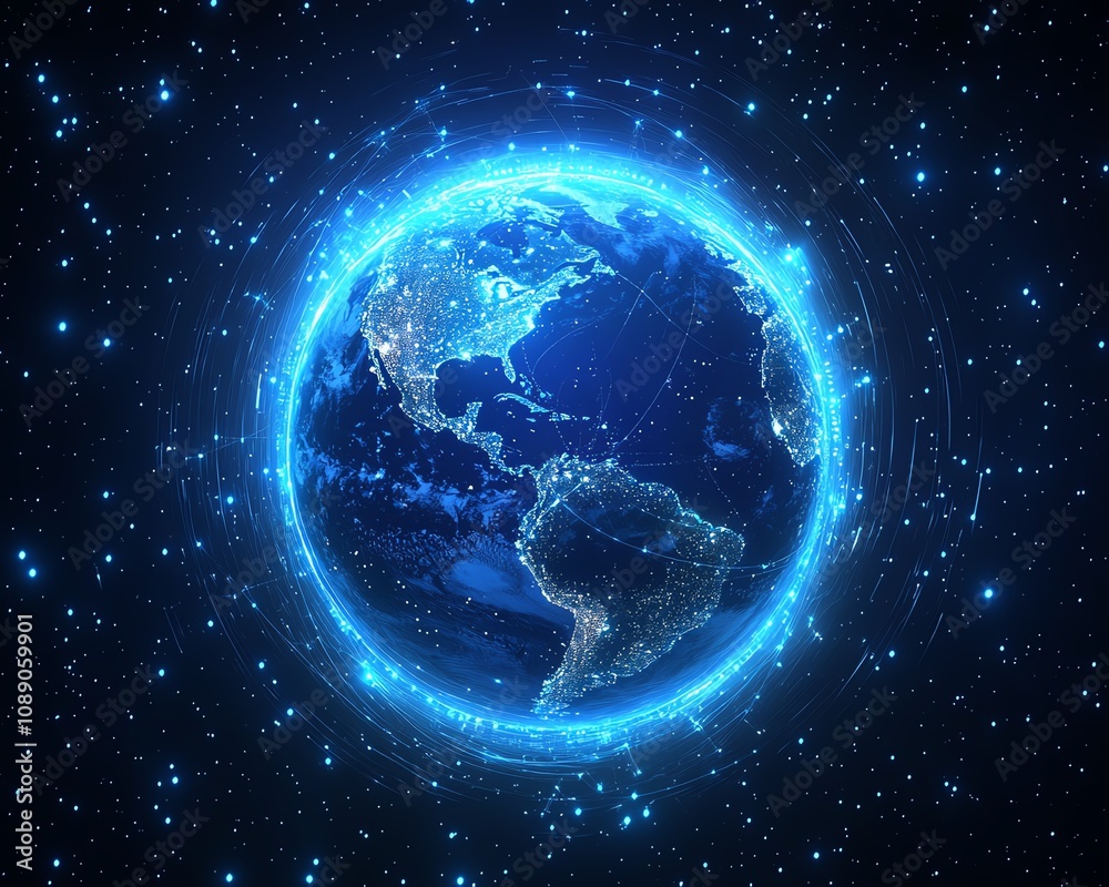 Obraz premium Planet Earth in digital form on technology background, blue glowing lights, network connections, global connectivity, futuristic tech concept