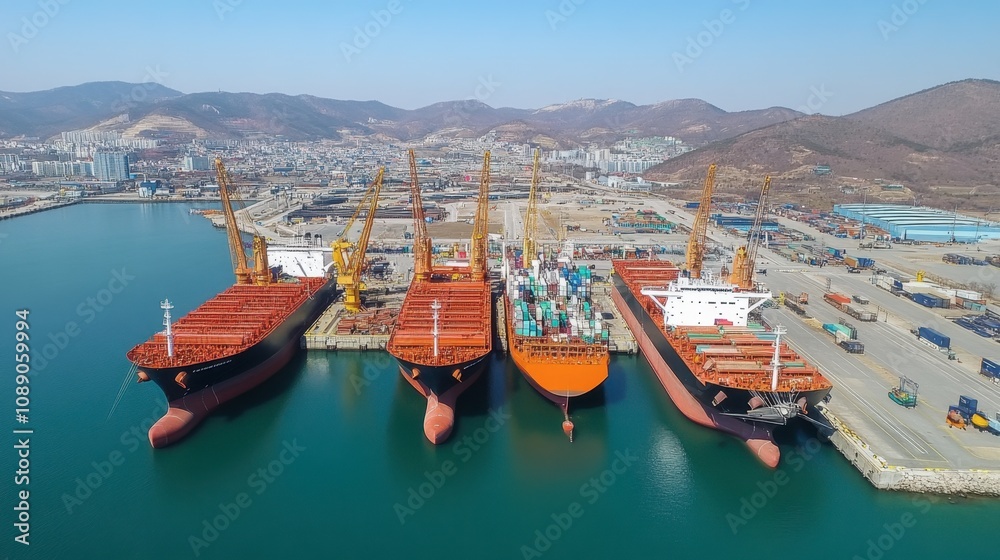 Obraz premium Aerial View of Large Cargo Ships Docked in Port with Cranes and Mountains in the Background Under Clear Sky