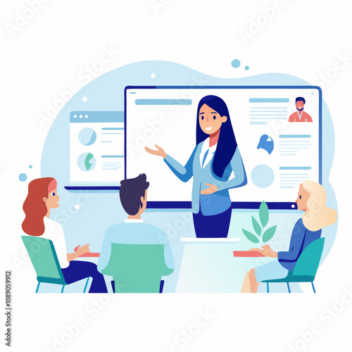 Woman on screen gestures while presenting to attentive audience. Three colleagues watch in clean, blue-green office environment. Professional setting with modern aesthetic. Concept: remote training
