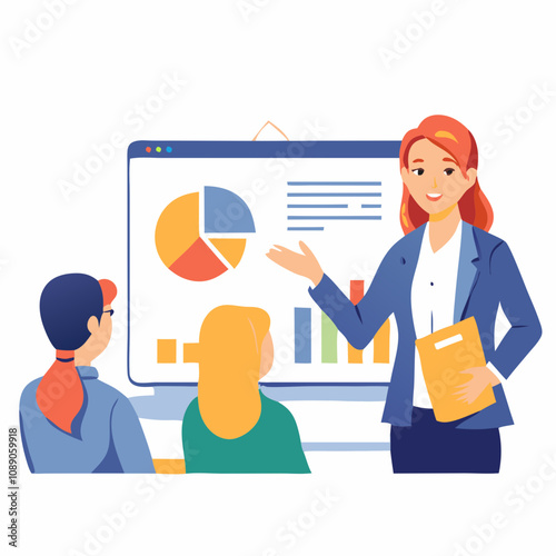 Businesswoman presenting charts to audience on big screen, vector flat office style. Concept: coaching platform, online course promo, startup team, Presentation Day, Analytics Week.