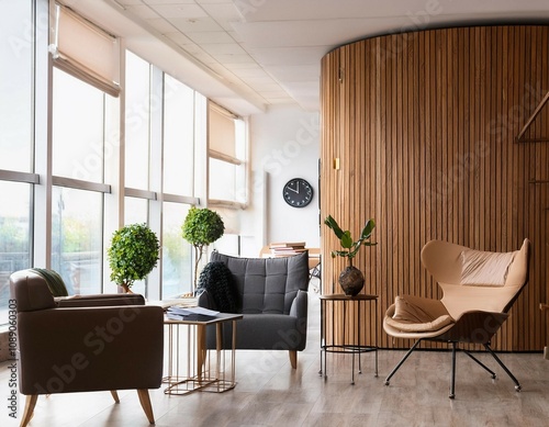 office wooden lobby waiting room for company wall logo mockup