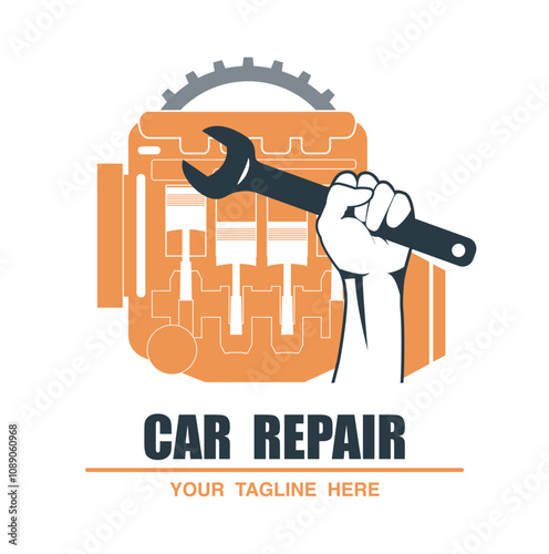 Concept illustration of a logo car repair service. Engine and hand holding a wrench. Vector illustration.