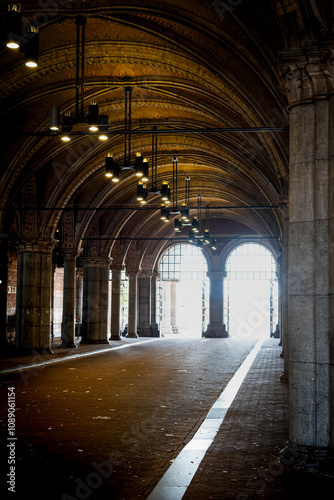 Light tunnel through an old building on the streets of Amsterdam