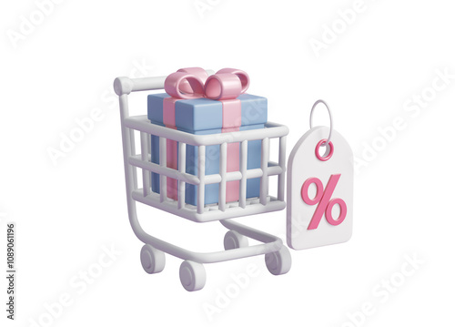 3D rendered illustration of a shopping cart icon with blue gifts tied with a pink bow. With a price reduction sign in Online shopping ideas, promotions or special discounts during festivals photo