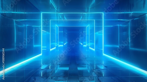 Bright Neon Hallway Illuminated by Blue Light With Reflective Surfaces Creating a Futuristic Atmosphere in a Digital Dreamscape