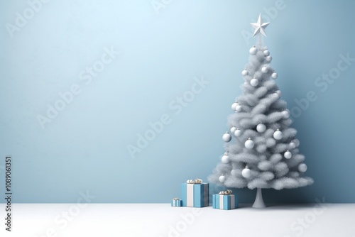 Beautiful New Year white tree with star on the top against blue concrete background. Christmas celebration concept.	
