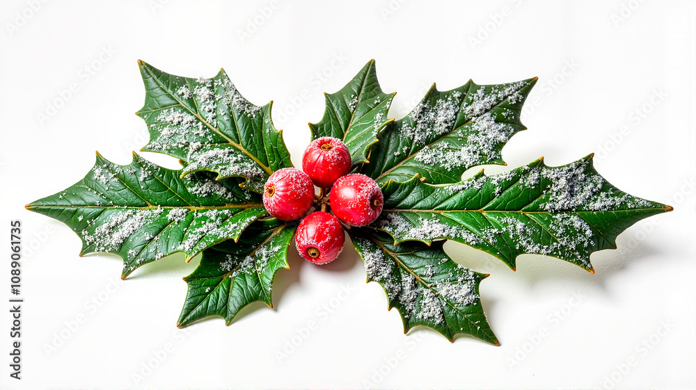 Holly leaves with red berries on white background Holly leaves with red berries on white background