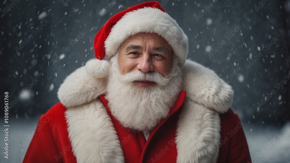 Portrait of Santa Claus with a Friendly Expression, Snow Falling, and a Cozy Christmas Atmosphere Portrait of Santa Claus with a Friendly Expression, Snow Falling, and a Cozy Christmas Atmosphere