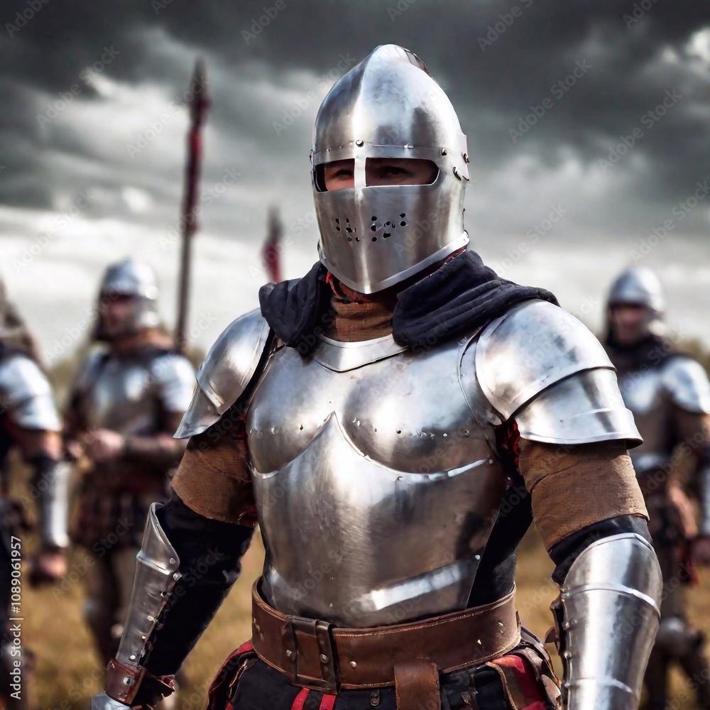 extreme macro close up portrait of a knight man leading a group of soldiers, male in armor, standing tall in a battlefield surrounded by banners and troops. Photo-realistic. extreme macro close up portrait of a knight man leading a group of soldiers, male in armor, standing tall in a battlefield surrounded by banners and troops. Photo-realistic.