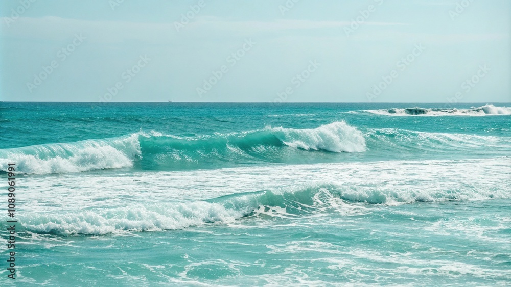 Fototapeta premium Abstract turquoise background with ocean waves breaking in the distance over a calm sea, wave movement, abstract patterns