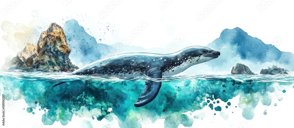 Obraz premium Watercolor Painting of a Leopard Seal Swimming in the Ocean