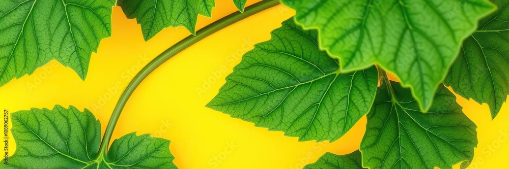 A close-up of green ivy gourd leaves with intricate veins on a yellow background, showcasing the leaf's texture and color saturation, leaf details, botanical, greenery A close-up of green ivy gourd leaves with intricate veins on a yellow background, showcasing the leaf's texture and color saturation, leaf details, botanical, greenery