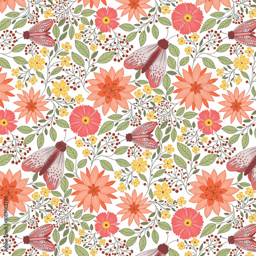 Autumn sunny garden with yellow wild flower bloom pattern