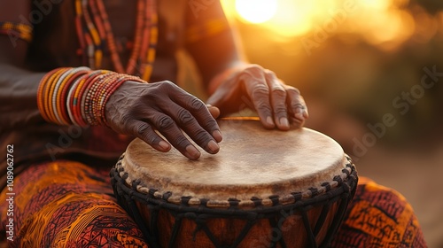 Close up of african man of a tribe playing djembe drum during sunset in africa