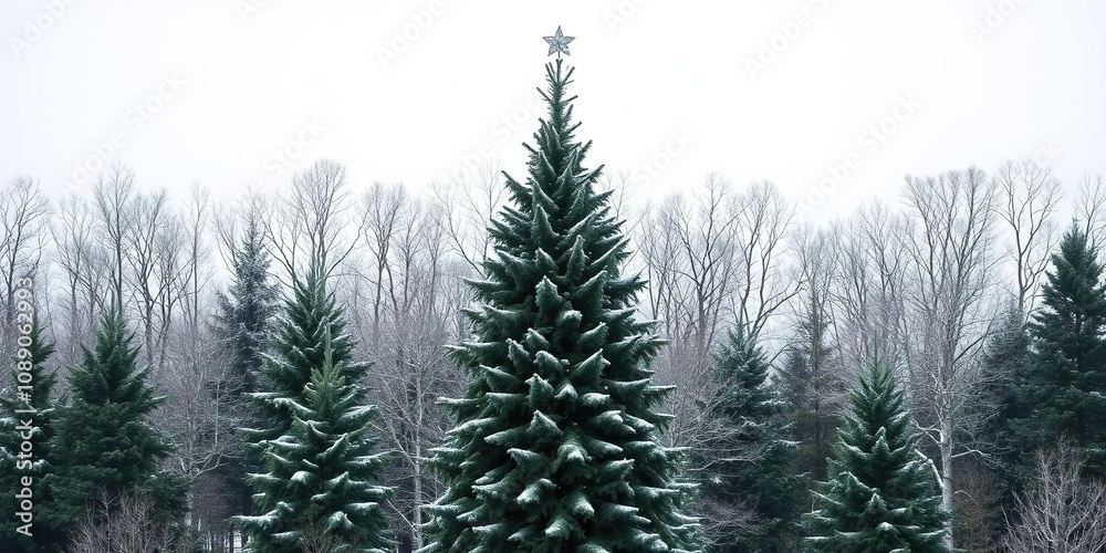 A towering Christmas tree standing alone in front of a backdrop of snow-covered pine trees with bare branches in the winter landscape, monochrome, tree shapes, bare branches A towering Christmas tree standing alone in front of a backdrop of snow-covered pine trees with bare branches in the winter landscape, monochrome, tree shapes, bare branches