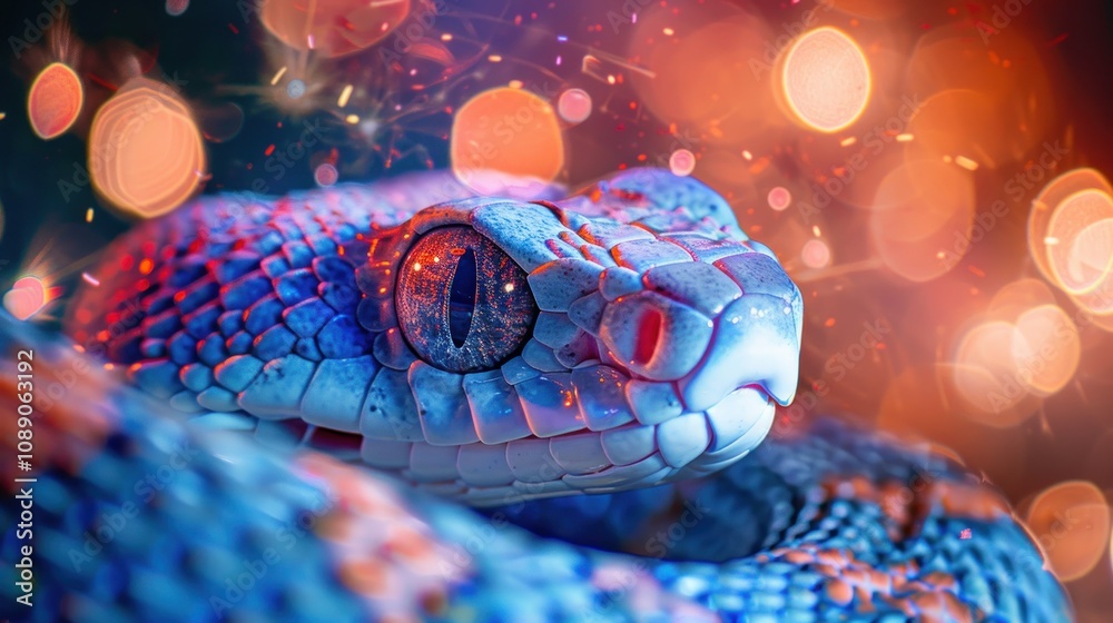 A close-up of a blue snake with a bright, yellow eye, with a red, orange, and yellow bokeh background. A close-up of a blue snake with a bright, yellow eye, with a red, orange, and yellow bokeh background.