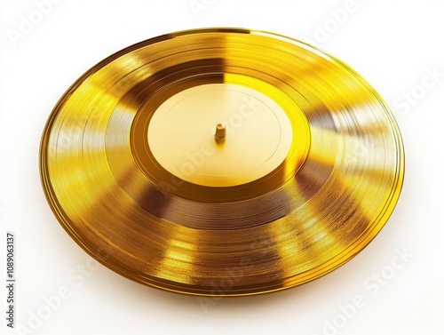 realistic image of a gold vinyl record, isolated, with reflective surface capturing the essence of popular disco music and gramophone sound media. a nostalgic nod to classic music aesthetics
