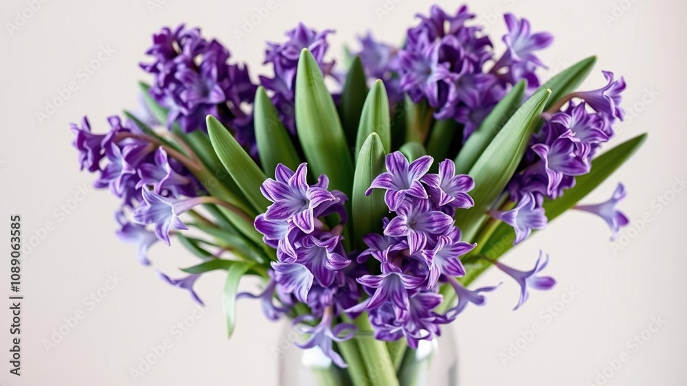 Fototapeta premium A vase filled with freshly cut purple hyacinth flowers arranged in a naturalistic bouquet, hyacinths, floral arrangements