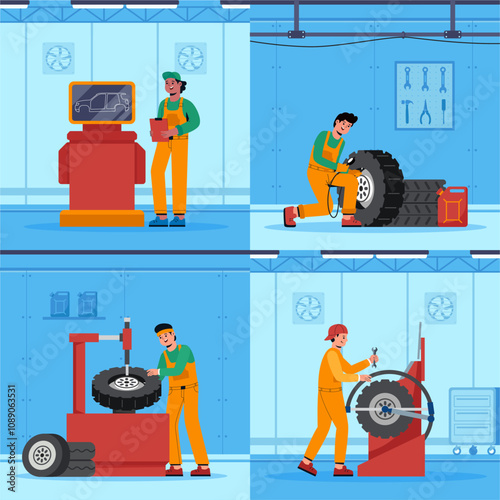 Mechanic Workshop Activities in Four Panels